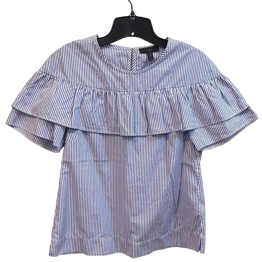 J.Crew Womens Blouse Size 4 Blue Striped Ruffle Coastal Feminine Cotton Top NWOT